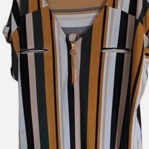Chic Striped V-Neck Blouse - Black, White, Tan, Gold